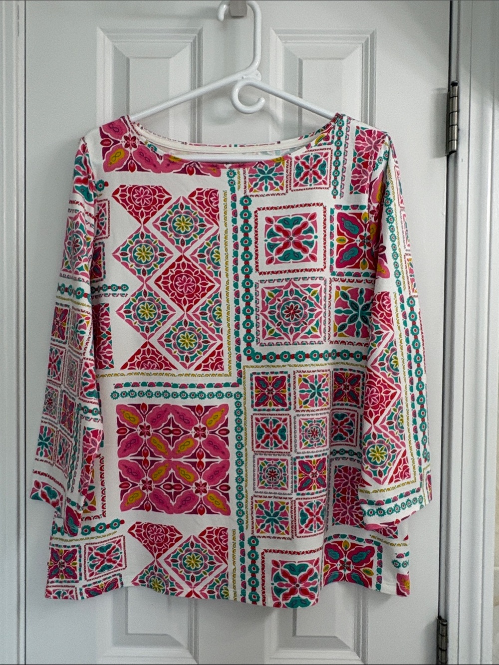 Talbots Pink Tile-Print 3/4 Sleeve Boatneck Cotton Spandex Top